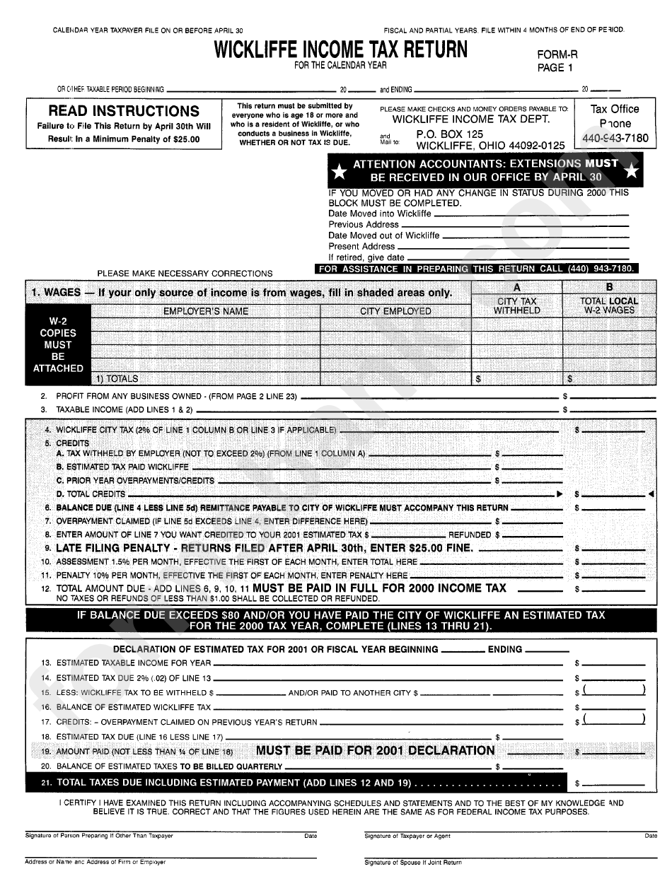 Form R - Wickliffe Income Tax Return Form For The Calendar Year