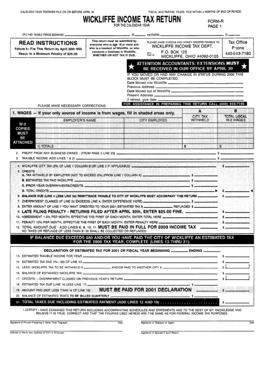 Form R - Wickliffe Income Tax Return Form For The Calendar Year Printable pdf