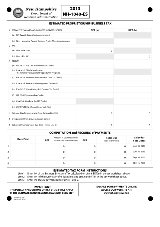 Form Nh-1040-Es - Estimated Proprietorship Business Tax Printable pdf