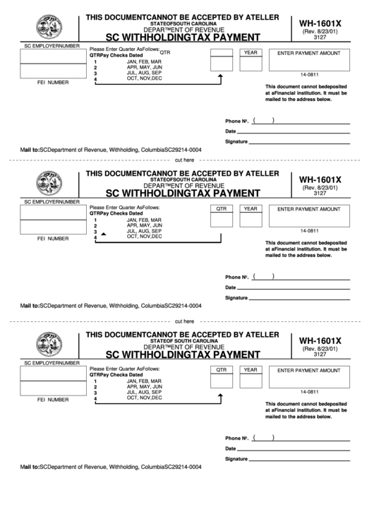 Form Wh-1601x - Withholding Tax Payment Form - Columbia Printable pdf