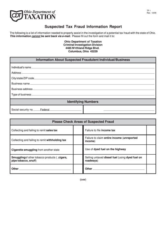Fillable Form Tf 1 - Suspected Tax Fraud Information Report - Ohio Department Of Taxation Printable pdf