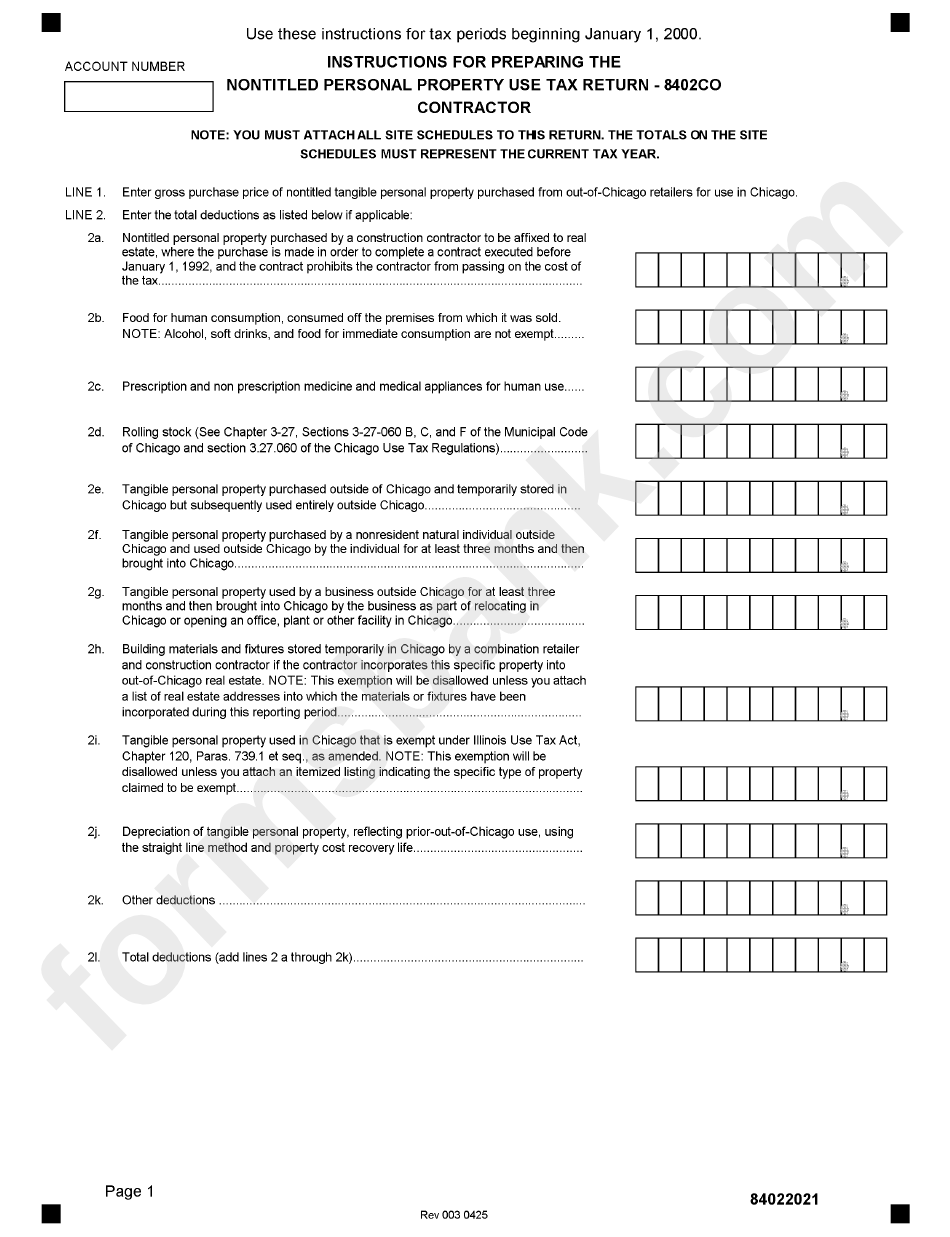 Form 8402co - Instructions For Preparing Nontitled Personal Property Use Tax Return 2000