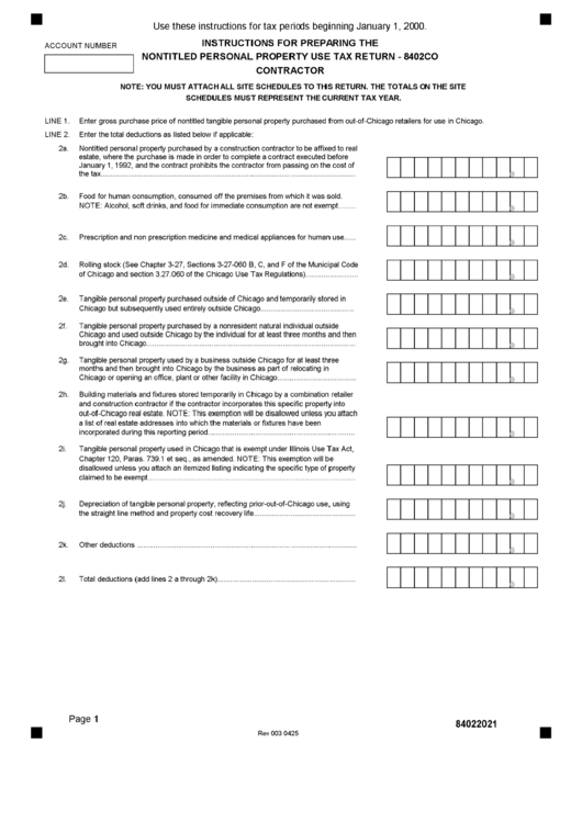 Form 8402co - Instructions For Preparing Nontitled Personal Property Use Tax Return 2000 Printable pdf