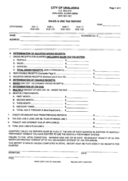 Sales And Use Tax Report Form - City Of Unalaska Printable pdf