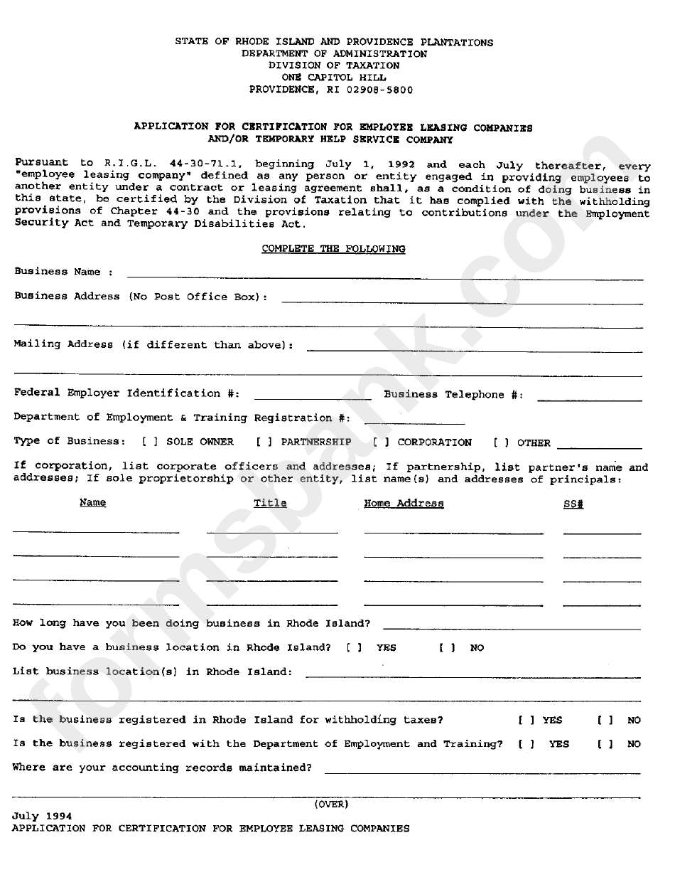 Application Form For Certification For Emplyee Leasing Companies And/or Temporary Help Service Company