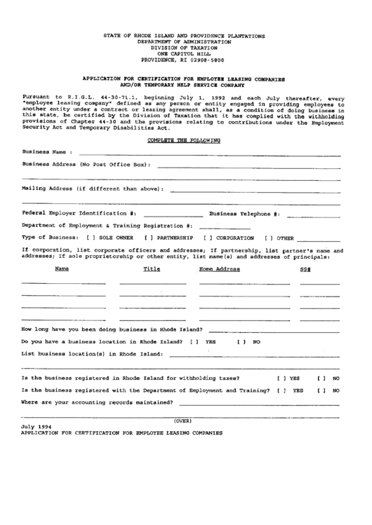 Application Form For Certification For Emplyee Leasing Companies And/or Temporary Help Service Company Printable pdf