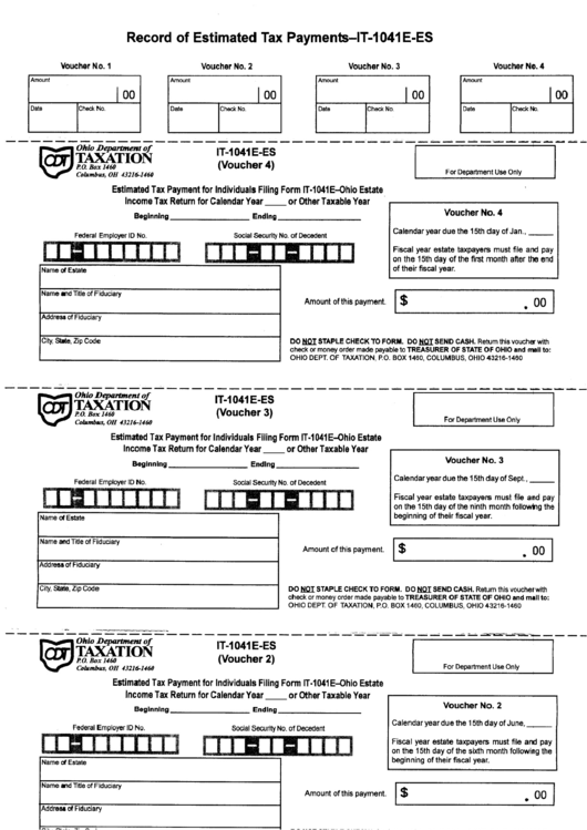 Form It-1041e-Es - Record Of Estimated Tax Payments Form Printable pdf
