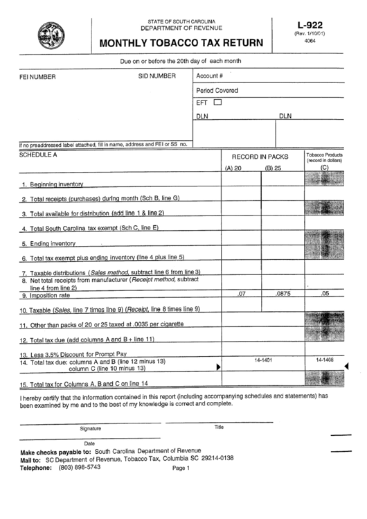 Form L-022 - Monthly Tobacco Tax Return Form Printable pdf