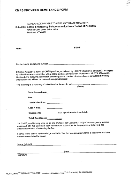 Cmrs Provider Remittance Form Printable pdf