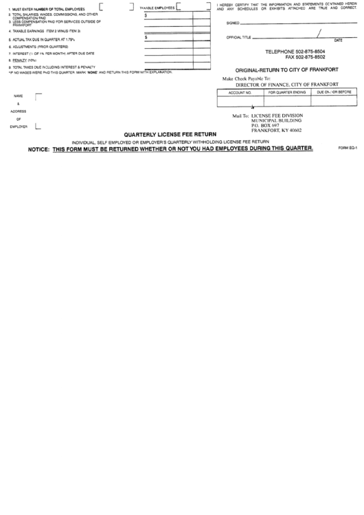 Quarterly License Fee Return Form - City Of Frankfort Printable pdf