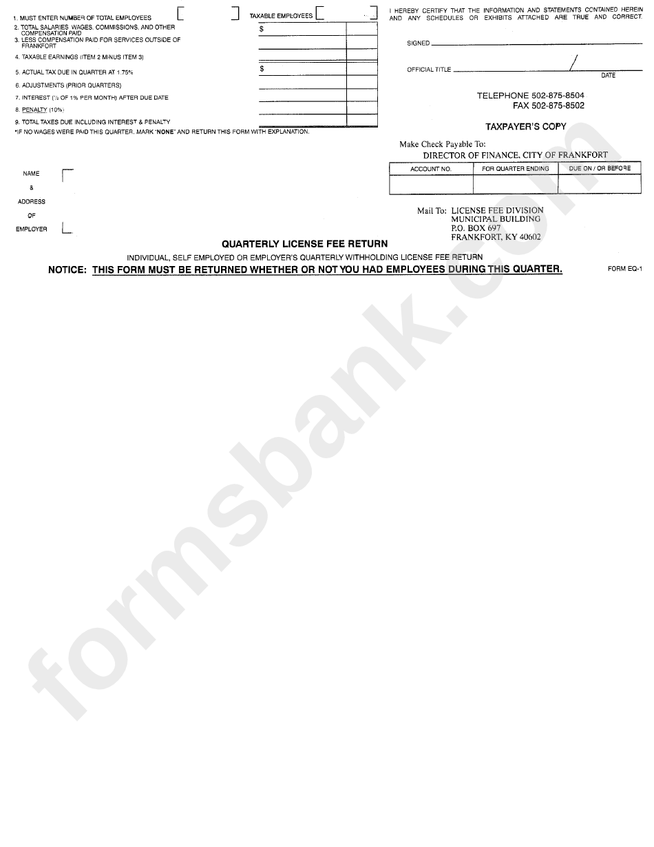 Quarterly License Fee Return Form - City Of Frankfort