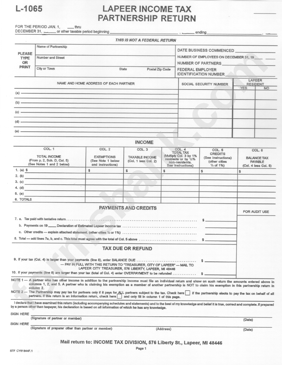 Form L-1065 - Lapeer Income Tax Partnership Return Form