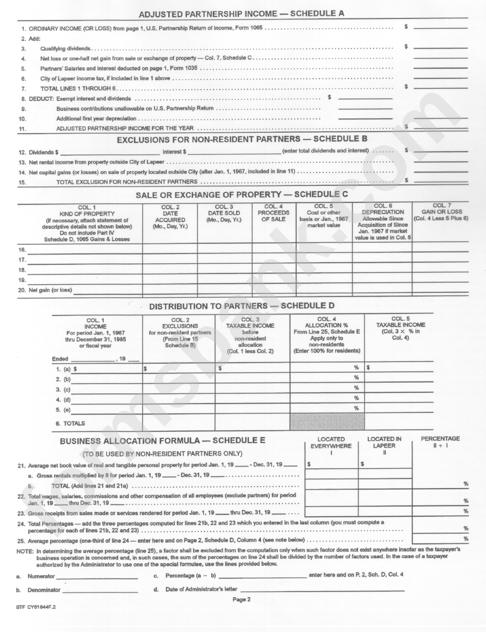 Form L-1065 - Lapeer Income Tax Partnership Return Form