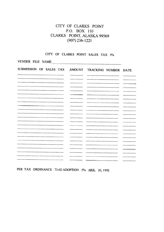 Sales Tax 5% Submission Template - City Of Clark Point Printable pdf
