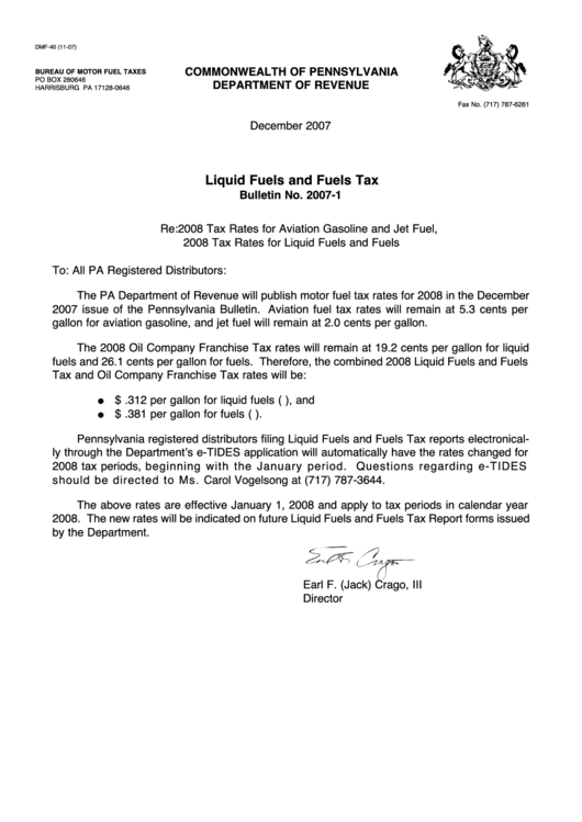Form Dmf-40 - Liquid Fuels And Fuels Tax 2007 - Commonwealth Of Pennsylvania Department Of Revenue Printable pdf