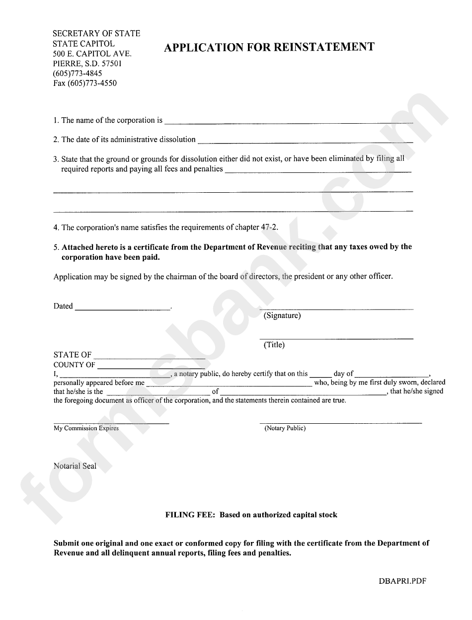 Application Form For Reinstatement