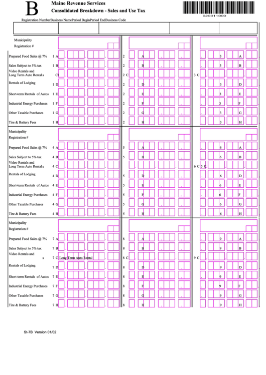 Form St-7b - 2002 - Sales And Use Tax - Consolidated Breakdown - Maine Revenue Services Printable pdf