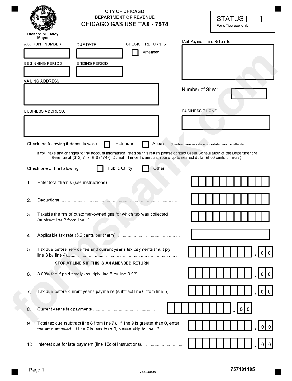 Form 7574 - Chicago Gas Use Tax - Department Of Revenue City Of Chicago - Illinois
