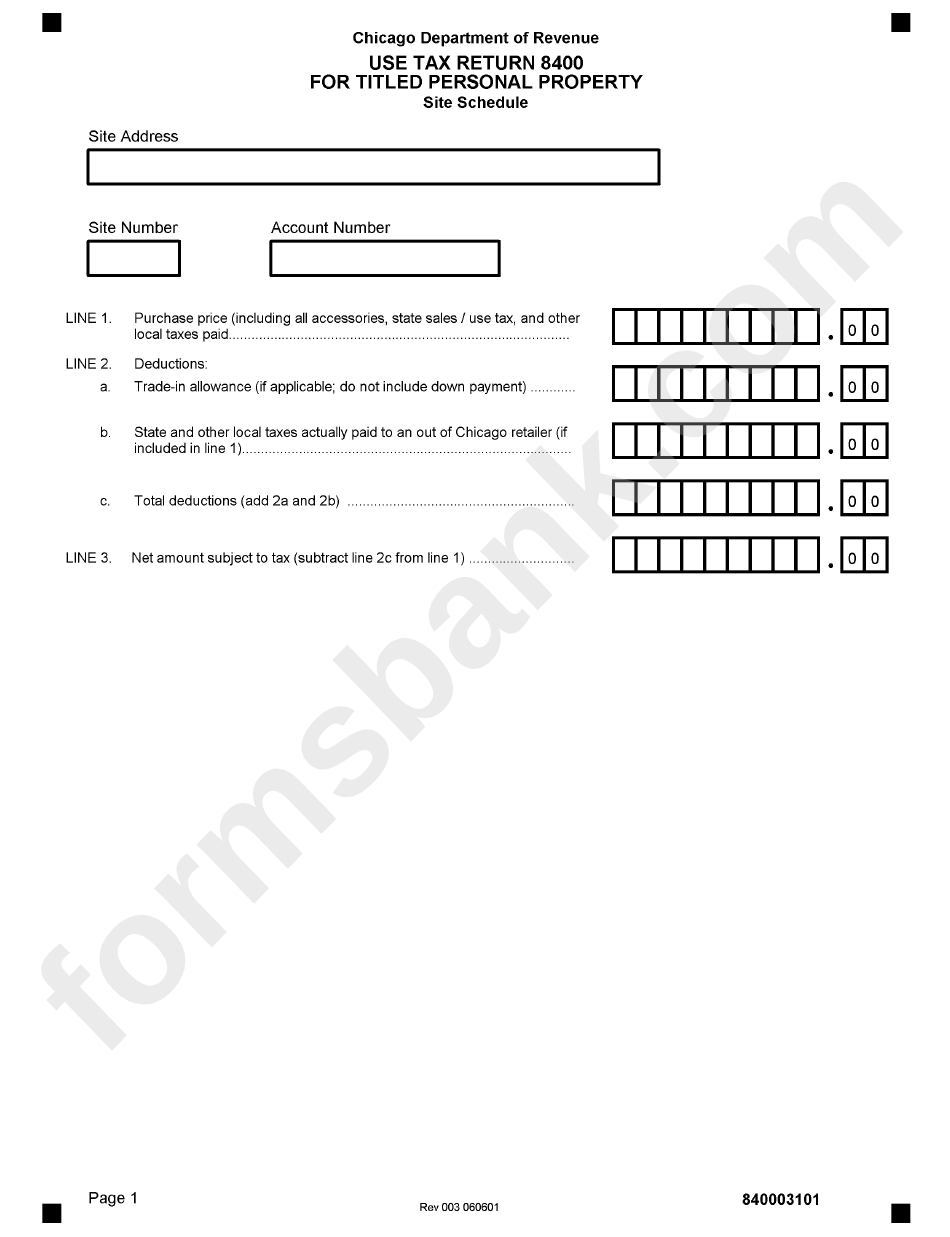 Form 8400 - Use Tax Return For Titled Personal Property - Chicago Department Of Revenue - Illinois