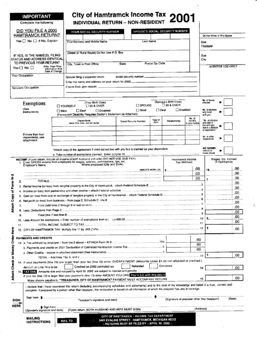 Individual Return - Non-Resident Form - City Of Hamtramck - 2001 ...