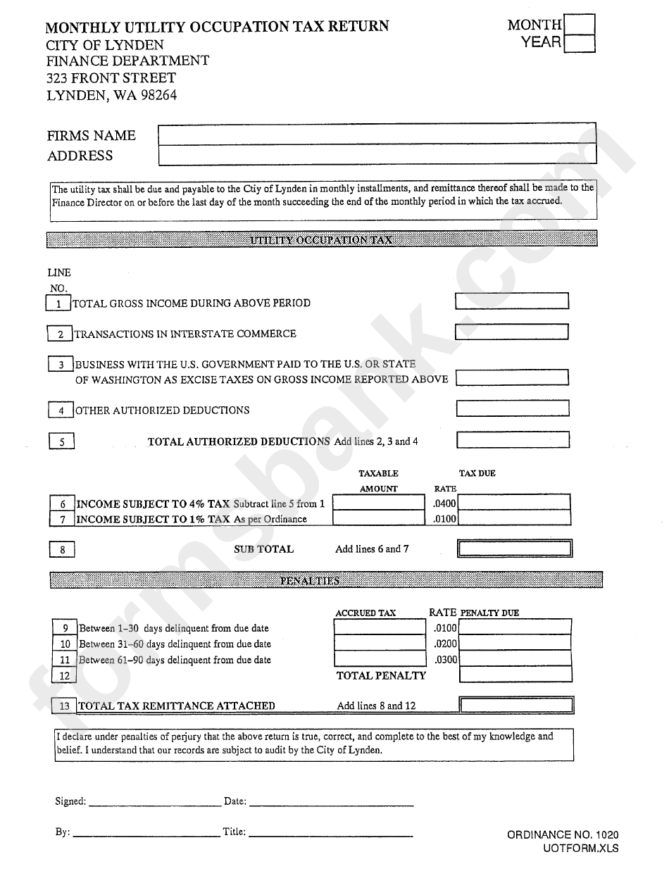 Monthly Utility Occupation Tax Return Form - City Of Lynden