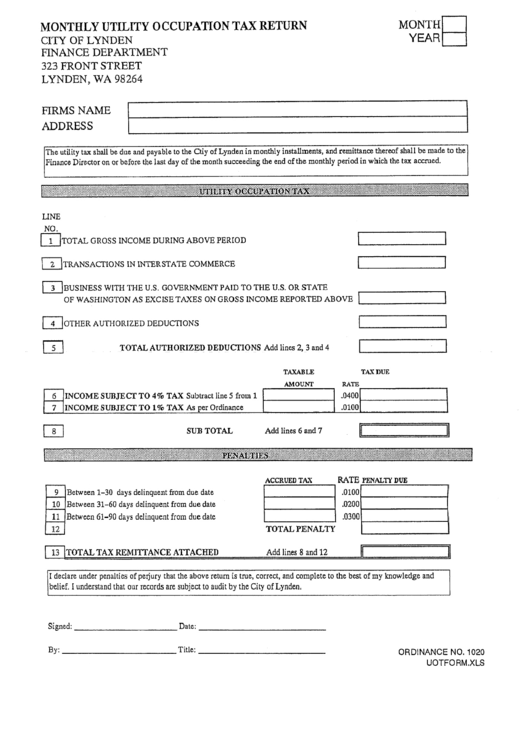 Monthly Utility Occupation Tax Return Form - City Of Lynden Printable pdf