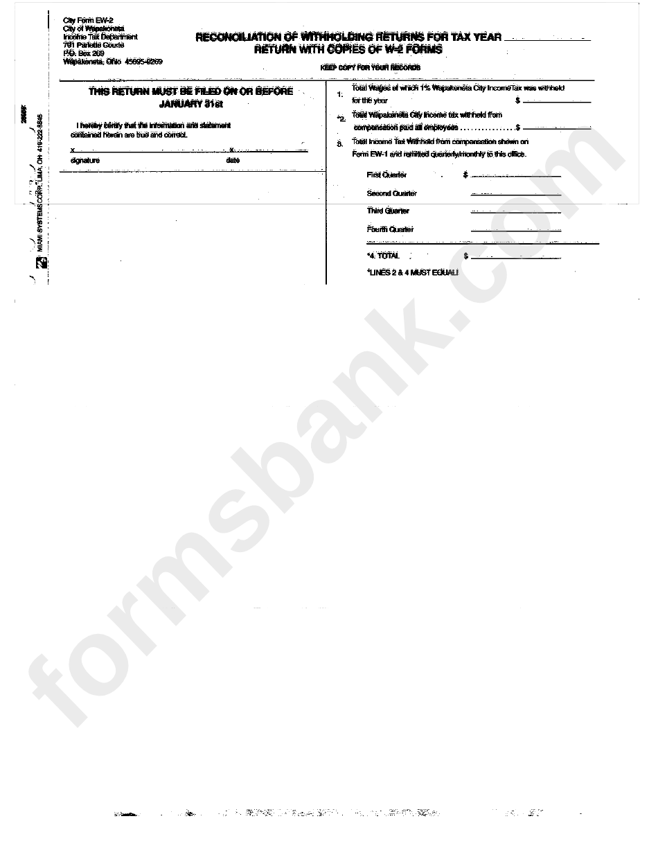 Form Ew-2 - Reconciliation Of Withholding Returns For Tax Year