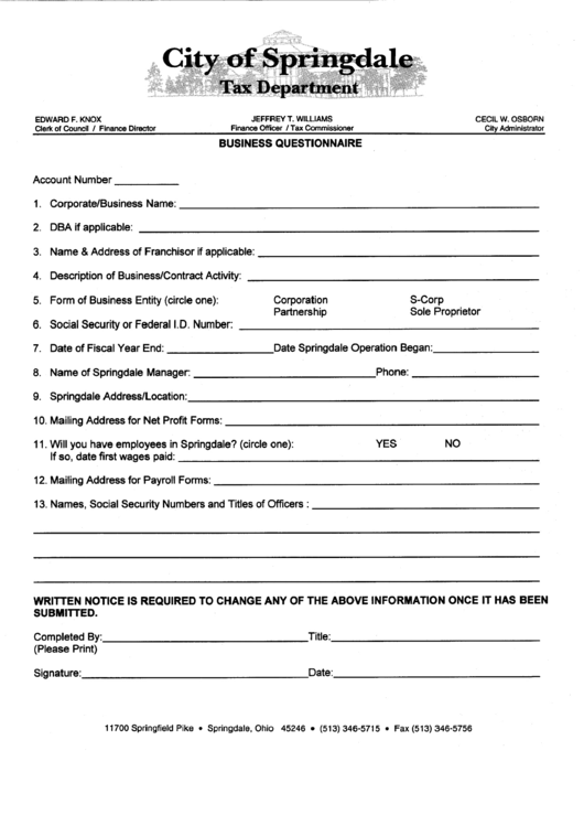 Business Questionnaire Form - City Of Springdale Printable pdf