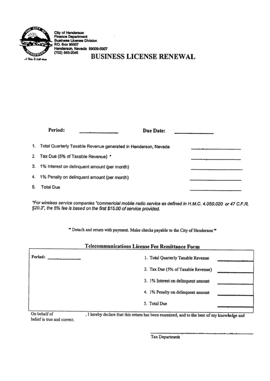 Business License Renewal Form - City Of Henderson Printable pdf