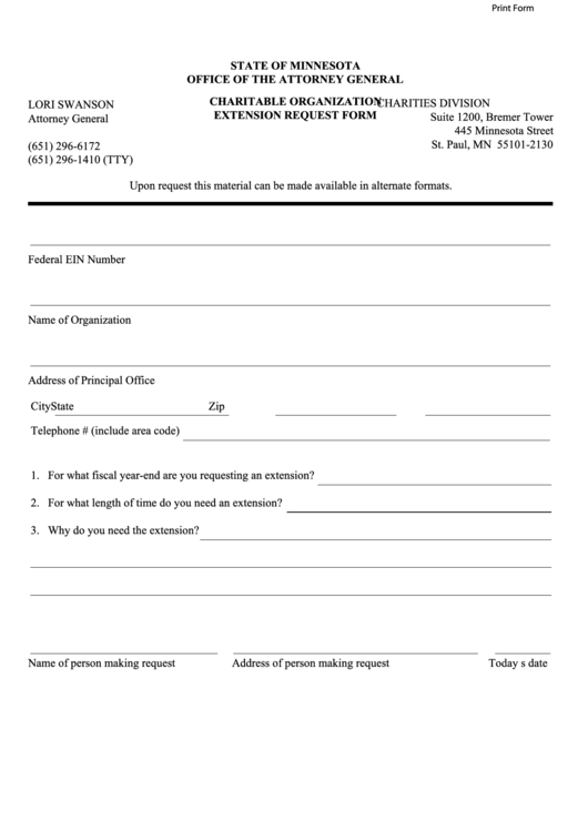 Fillable Charitable Organization Extension Request Form Printable pdf