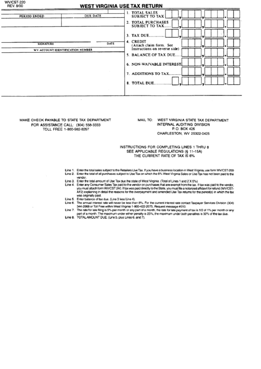 Form Wv/cst-220 - West Virginia Use Tax Return Printable pdf