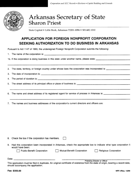 Form Npf-1 - Application For Foreign Nonprofit Corporation Seeking Authorization To Do Business In Arkansas Printable pdf