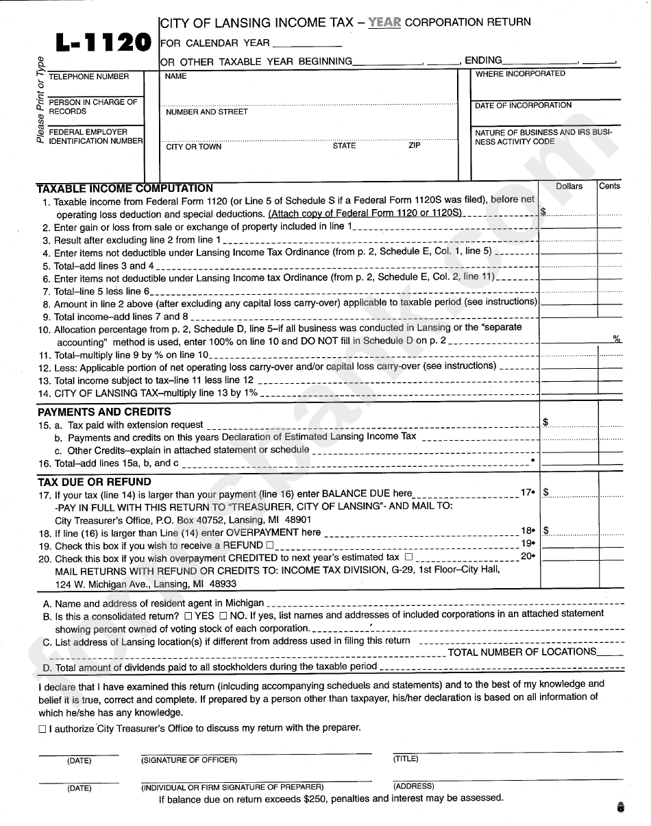 Form L 1120 Income Tax Return For Corporation Printable Pdf Download