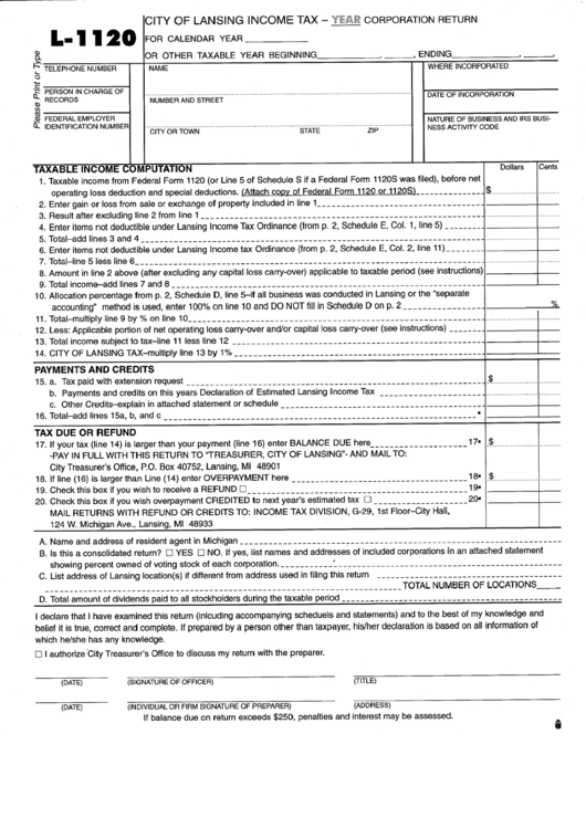 Form L-1120 - Income Tax Return For Corporation Printable pdf