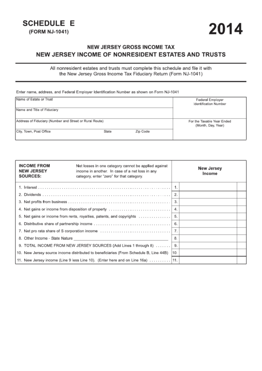 Fillable Form Nj-1041 - New Jersey Income Of Nonresident Estates And Trusts - 2014 Printable pdf