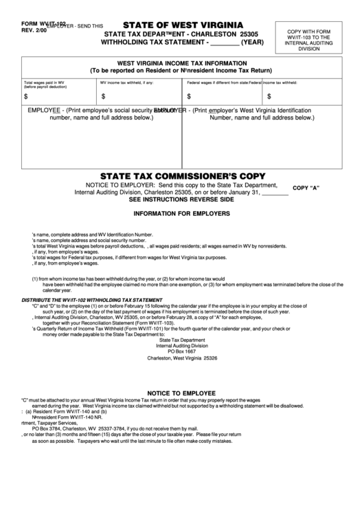 Form Wv/it-102 - State Tax Department - Charleston Withholding Tax Statement Printable pdf