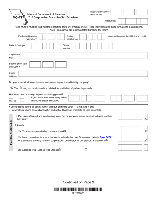 Fillable Form Mo-Ft - 2015 Corporation Franchise Tax Schedule Printable pdf