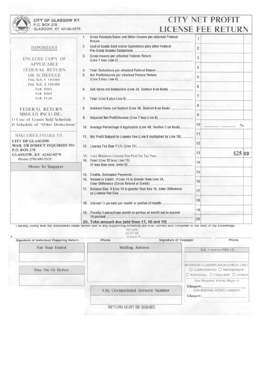 City Net Profit License Fee Return Form printable pdf download