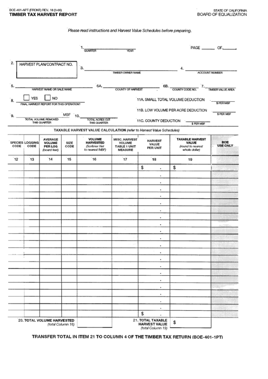 Form Boe-401-Apt - Timber Tax Harvest Report Printable pdf