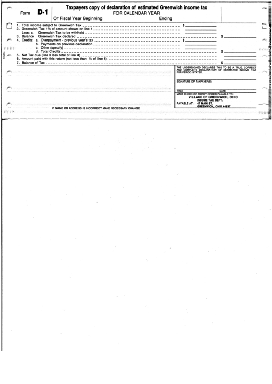 Form D-1 - Taxpayers Copy Of Declaration Of Estimated City Income Tax Printable pdf