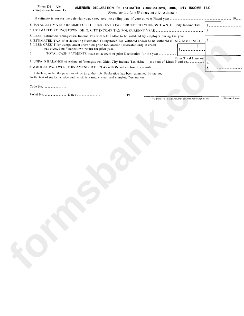 Form D1-Am - Amended Declaration Of Estimated Income Tax - Youngstown