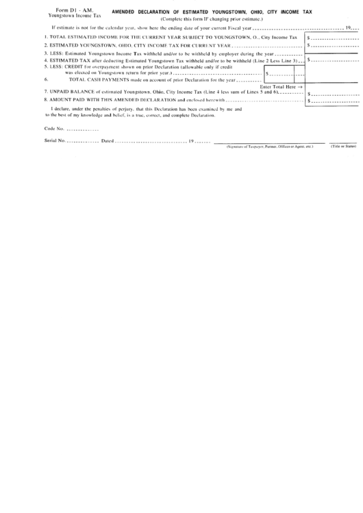 Form D1-Am - Amended Declaration Of Estimated Income Tax - Youngstown Printable pdf