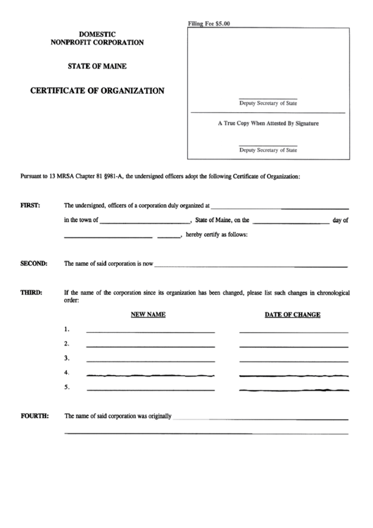 Form Mnp-981-A - Domestic Nonprofit Corporation Certificate Of Organization Printable pdf