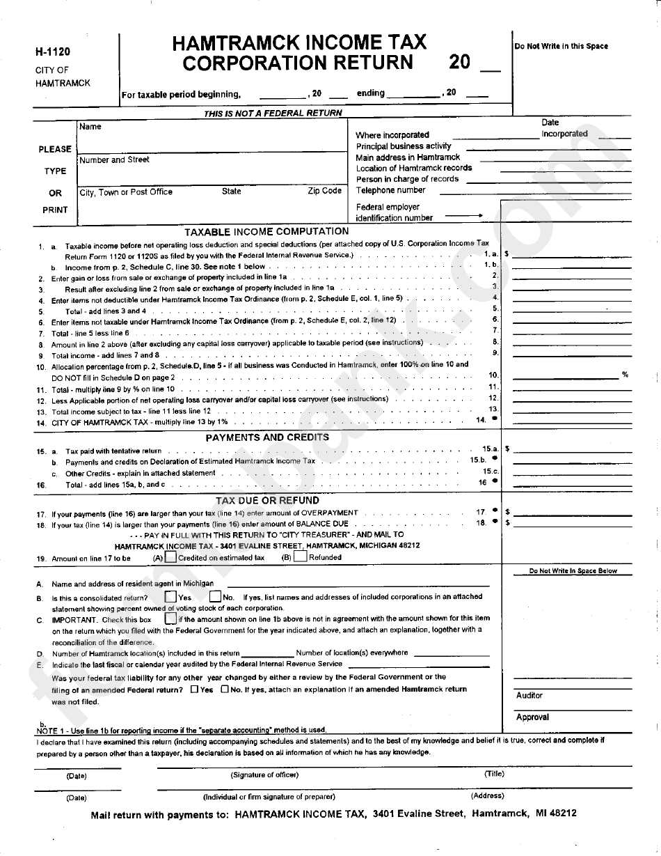 Form H-1120 - Corporation Income Tax Return Form - City Of Hamtrack