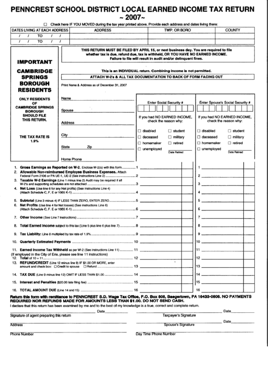 Penncrest School District Local Earned Income Tax Return Form Printable 