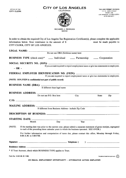 Form 14 541 36 Tax Registration Certificate Application City Of Los