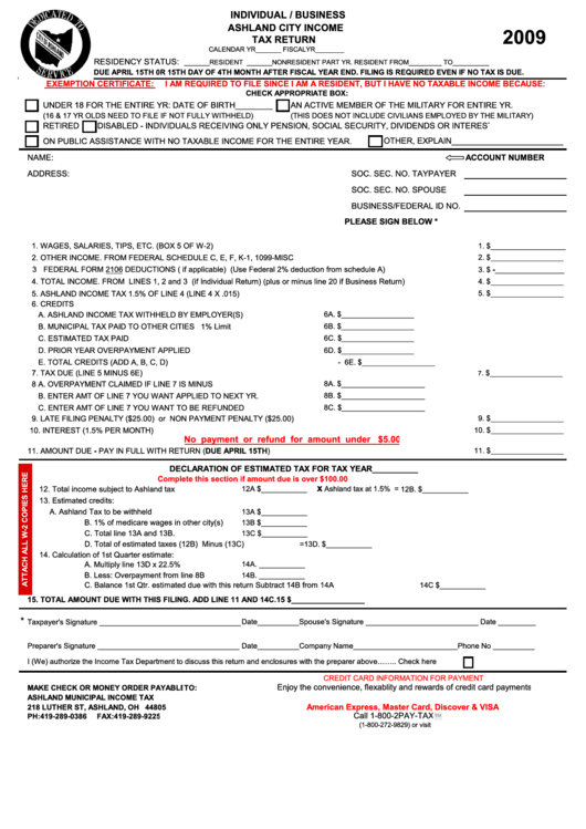 Individual/business Income Tax Return - Ashland Municipal Income Tax - 2009 Printable pdf