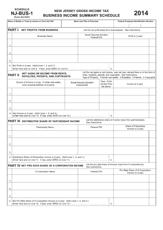 Fillable Form Nj-1041 - New Jersey Gross Income Tax - Business Income Summary Schedule Printable pdf