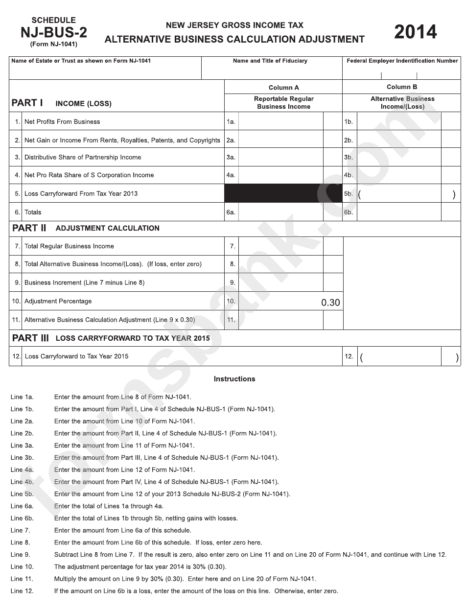 Form Nj-1041 - New Jersey Gross Income Tax - Alternative Business Calculation Adjustment 2014