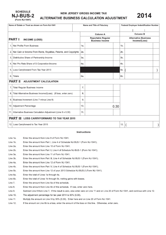 Fillable Form Nj-1041 - New Jersey Gross Income Tax - Alternative Business Calculation Adjustment 2014 Printable pdf